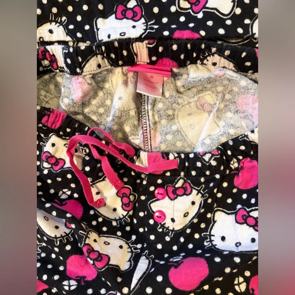 Hello Kitty Black, White & Pink Fleece Pajama Set Girl’s Med. 100% Cotton! Soft!